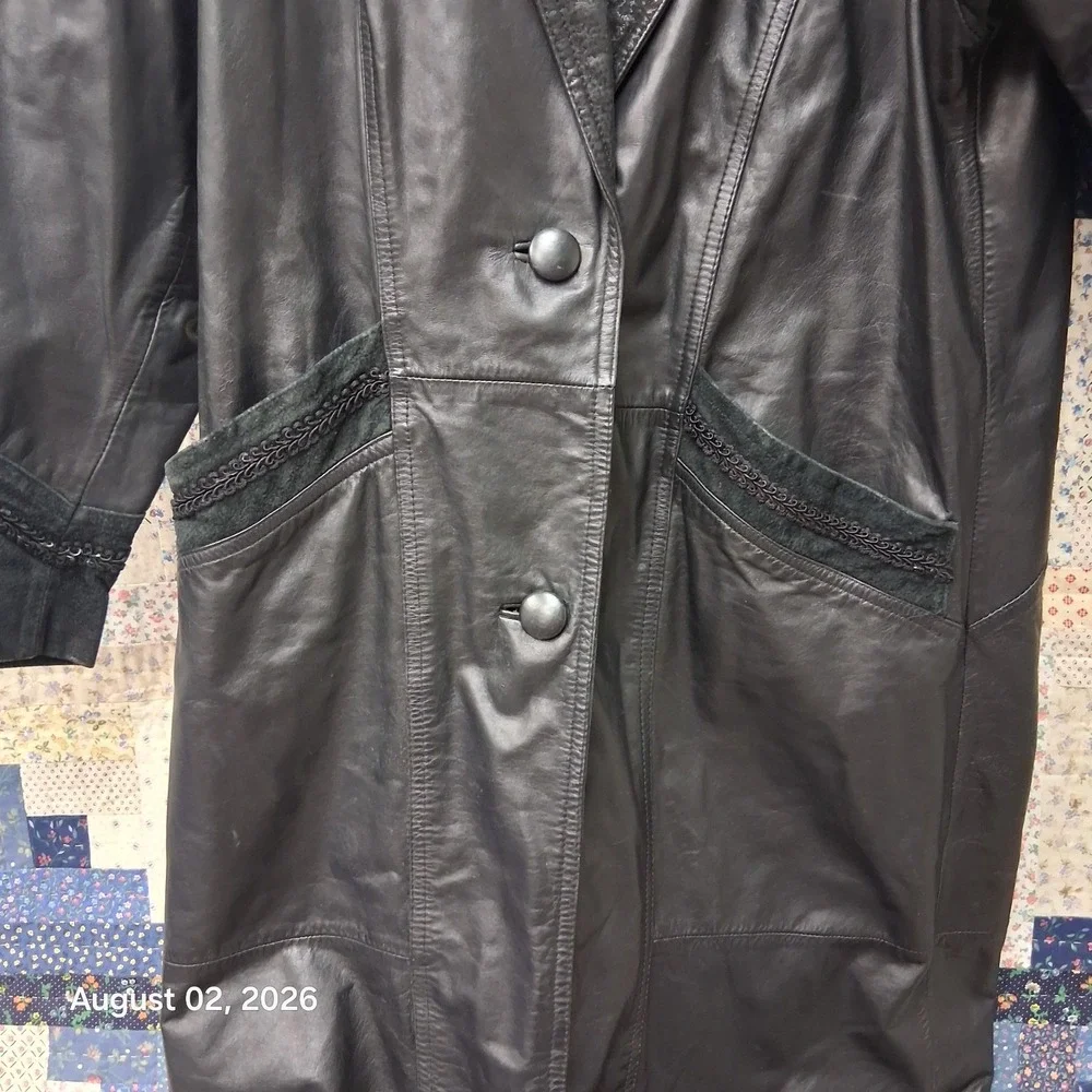 Vintage 90s Winlit Womens Leather Coat Size Medium Black Trench Duster Paisley